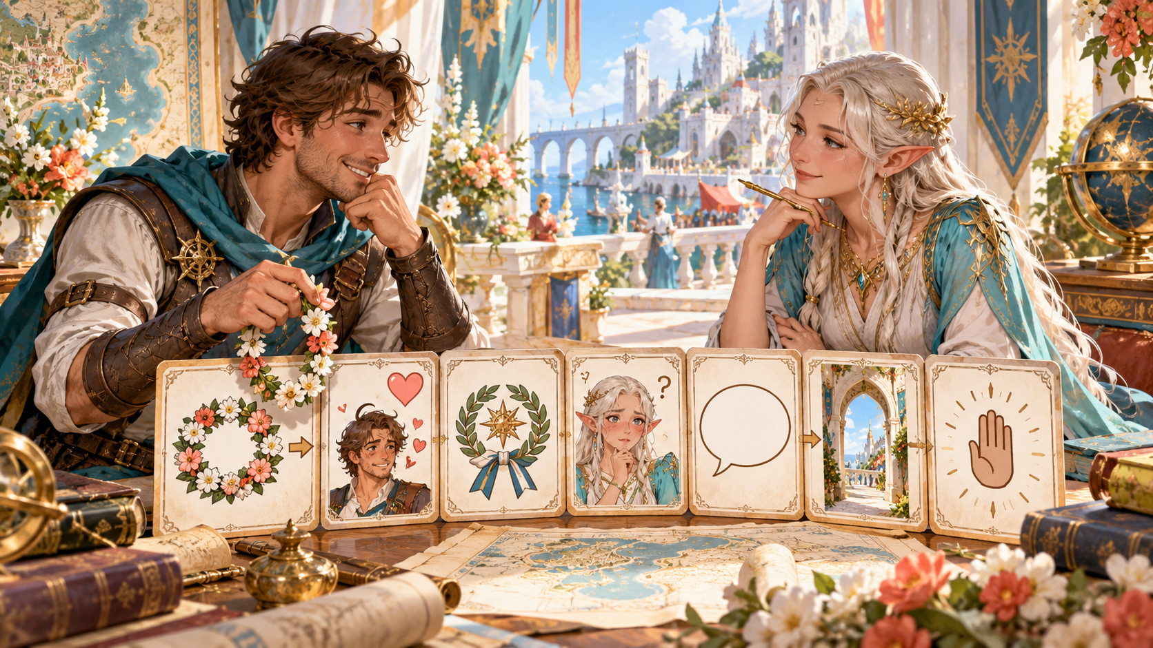 Illustration of two companions reviewing cards for a gesture possible reading clarification exit and stop