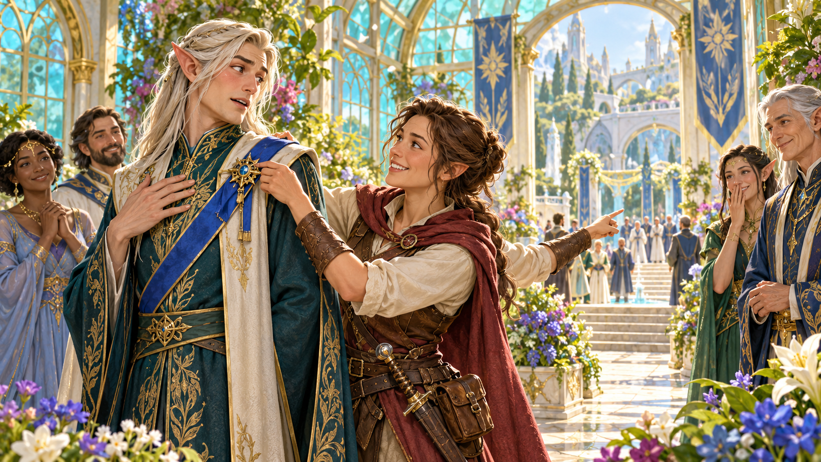Illustration of an adventurer touching an elf shoulder ribbon beside a gold brooch in a flower-filled conservatory