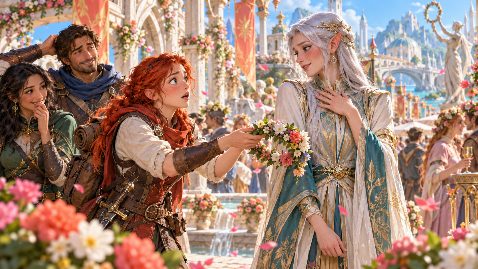 Illustration of a red-haired festival adventurer offering a flower garland to an elf while companions watch