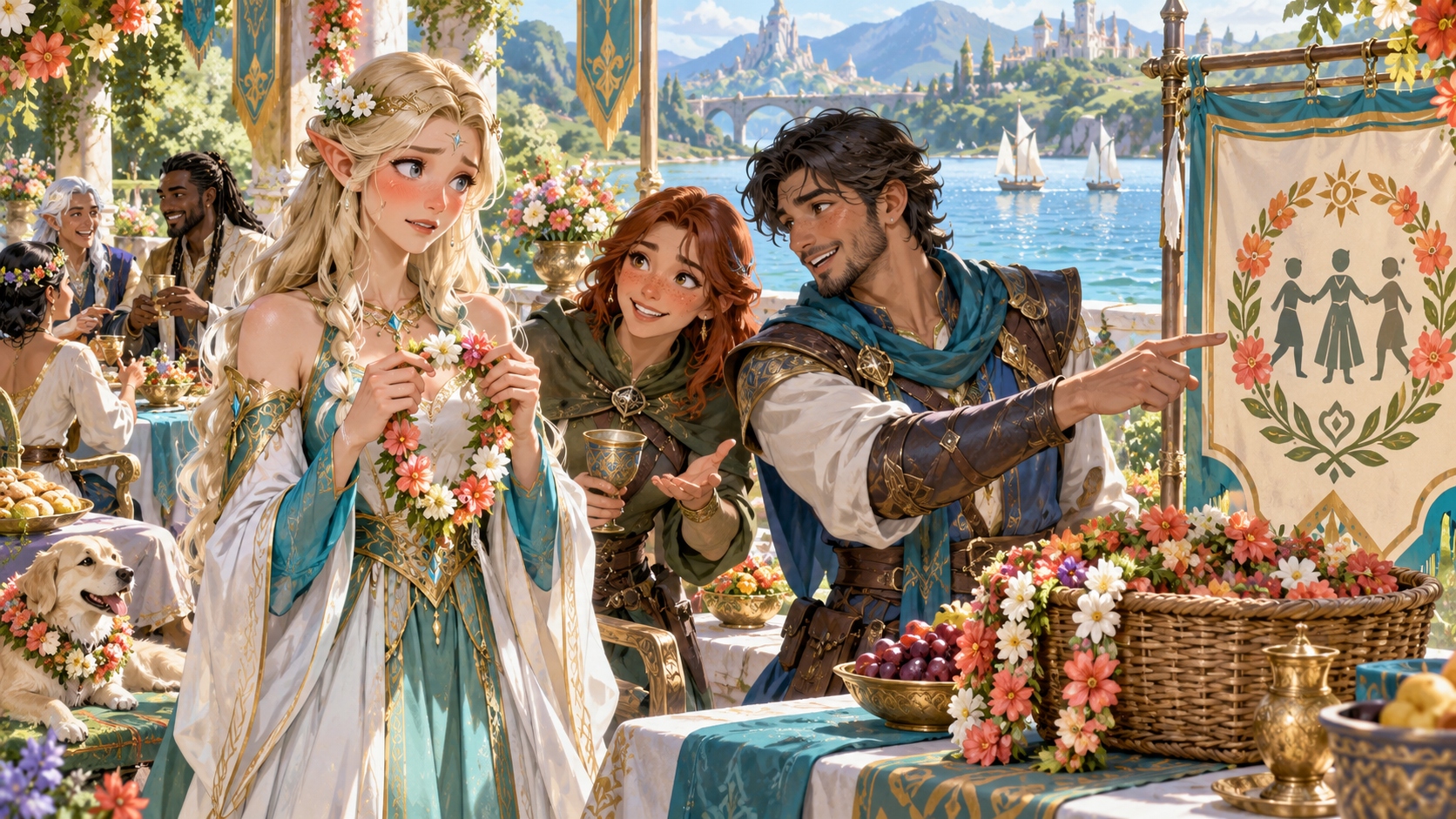 Illustration of an elf holding a garland while a companion points to a lakeside festival banner